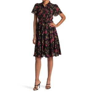 Nanette Lepore Short Sleeves Collared Black Floral Women's Dress 14 Cottagecore